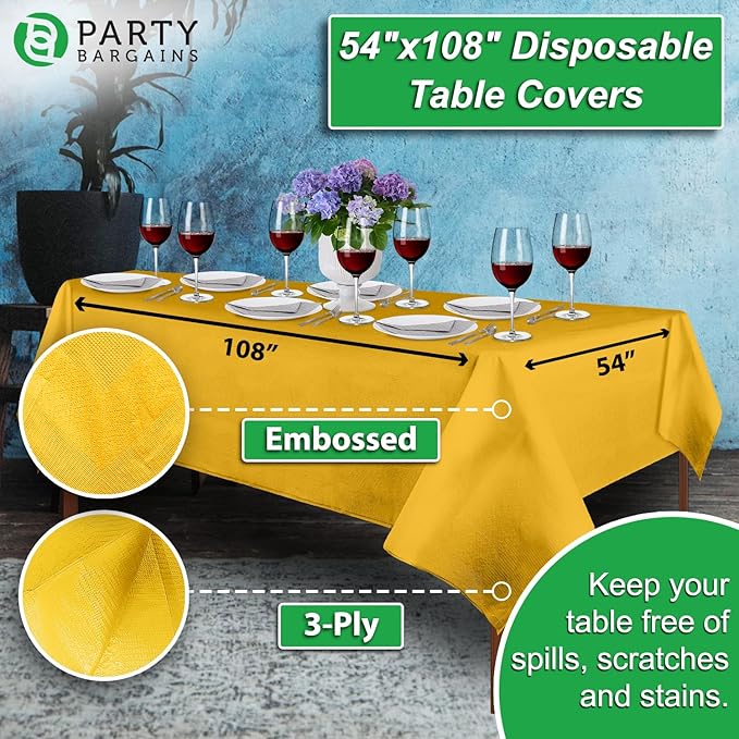 PARTY BARGAINS 10 Disposable Table Covers - 54" X 108" Yellow Table Cover, 3 Ply Paper & Plastic Tablecloth