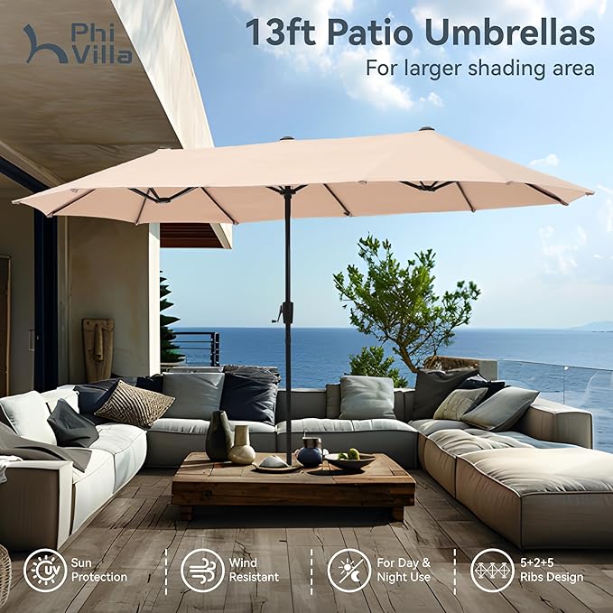 PHI VILLA Outdoor Dining Set for 6, All-Weather Patio Table and Chairs Set with Umbrella for 6, Heavy Duty Rectangle Patio Table Set for Deck, 6 Extra Large Outdoor Swivel Chairs with Thick Cushions