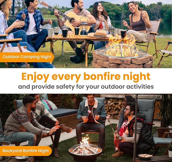 Stainless Steel Fire Pit Spark Screen 22 Inch Round, Heavy Duty Outdoor Fire Pit Screen Cover with Foldable Hook & Marshmallow Sticks, Mesh Spark Protector for Backyard, Camping, Beach