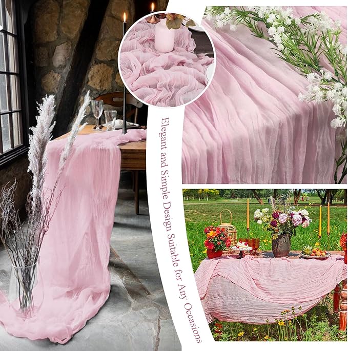 8 Packs Cheesecloth Table Runner 10FT Long Boho Gauze Fabric Table Runner Vintage Rustic Sheer Runners for Wedding Party Bridal Baby Shower Table Decorations (Light Pink)