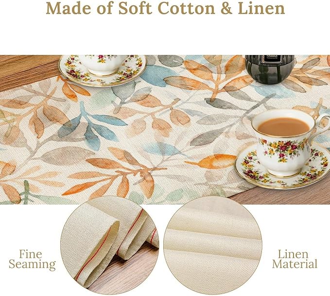 Fall Eucalyptus Leaf Table Runner, Autumn Orange Blue Leaves Harvest Thanksgiving Table Runner for Holiday Dining Room Kitchen Table Party Decoration, 13x120inch