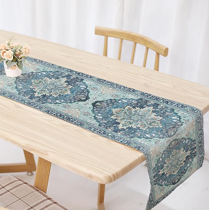 OYIMUA Boho Floral Pattern Summer Table Runner 36 Inches Long Teal and Blue Runners for Tables Rustic Spring Fall Decorations for Home Indoor and Outdoor Party Decor