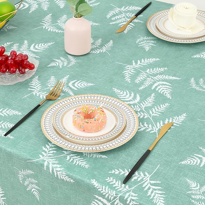 misaya Rectangle Waterproof Vinyl Table Cloth, Wipeable Tablecloth with Flannel Backing, Plastic Table Cover for Dinner, Picnic, Indoor and Outdoor (Light Green Leaves, 54" x 54")