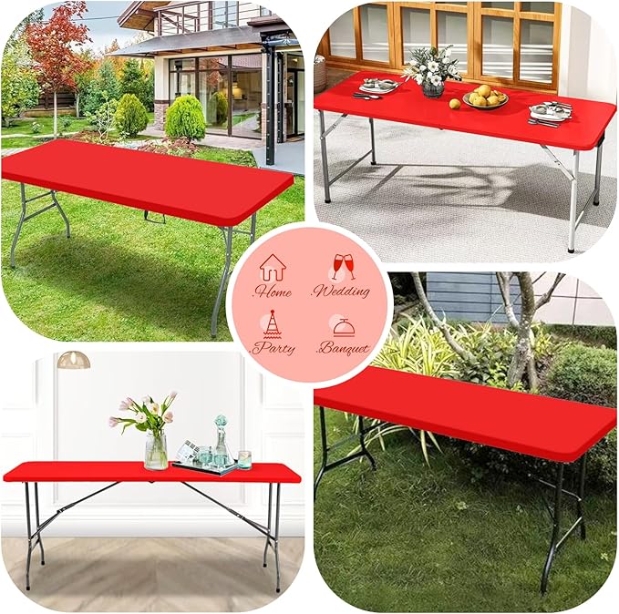 10 Pack Stretch Fabric Table Top Cap Cover, Red Table Covers fits 8Ft Tables, Washable Elastic Universal Rectangle Tablecloth Protector for Indoor Outdoor Party Picnic Wedding (30" W x 96" L)