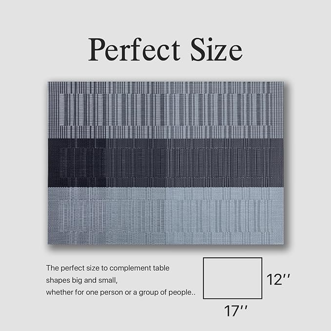 Placemats Set of 6 - Easy Clean Woven Vinyl Placemats for Dining Table, Indoor/Outdoor Place Mats, Washable PVC Table Mats (Silver Gray Black)