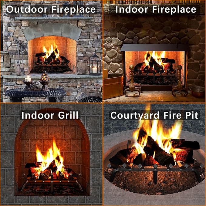 Mr IRONSTONE Fireplace Grate 30 inch Solid Steel Heavy Duty Firewood Log Burning Rack Fire Grates for Outdoor Kindling Tools Pit Indoor Fireplace Log Holder Wrought Iron Wood Stove