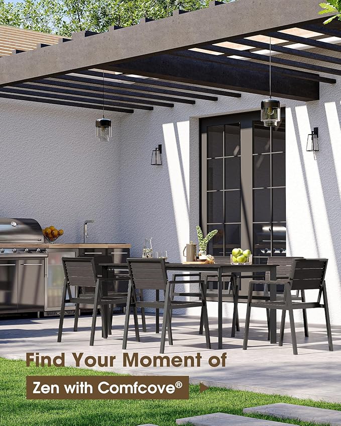Patio Outdoor Dining Set for 6, Aluminum 7 Piece HDPS Outdooor Table and Chairs Set with Umbrella Hole, Modern Rectangular Patio Furniture Set with All-Weather Table & 6 Chairs (Charcoal)