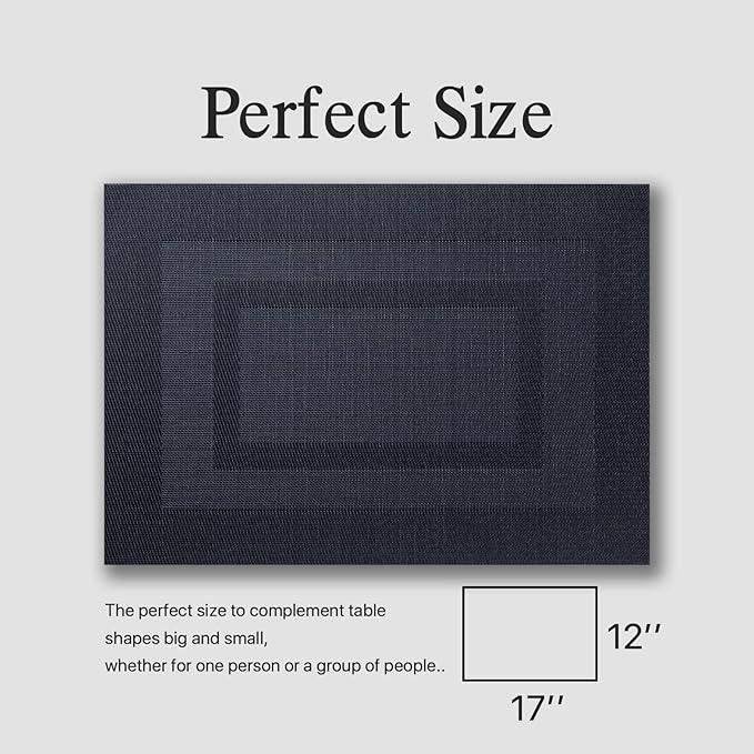 Placemats Set of 6 - Easy Clean Woven Vinyl Placemats for Dining Table, Indoor/Outdoor Place Mats, Washable PVC Table Mats(Black Cube)