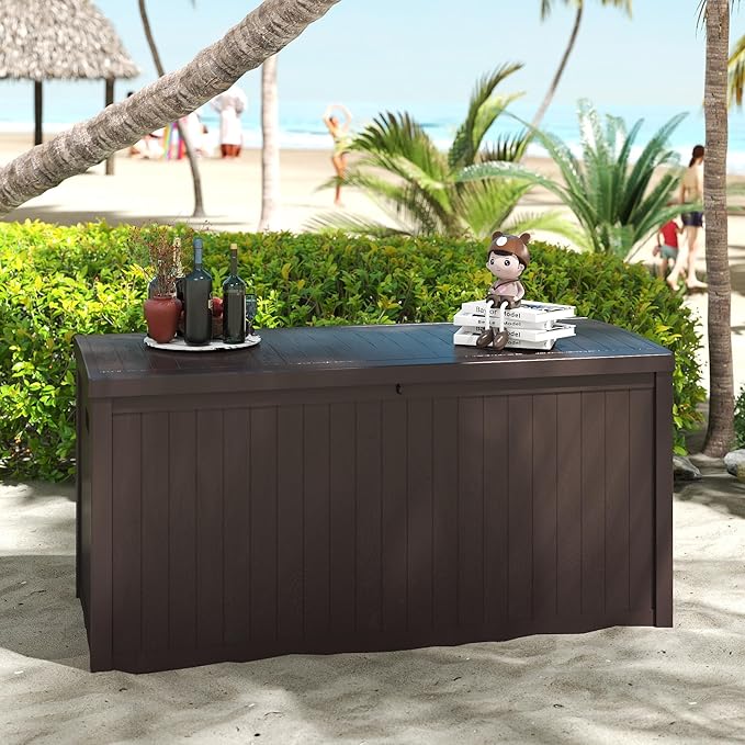 ZYJOYY Outdoor Storage Box, 120 Gallon Deck Box Indoor and Outdoor Use, Waterproof Resin Storage Bin for Patio Cushions, Gardening Tools, Lockable, UV Resistant, Brown