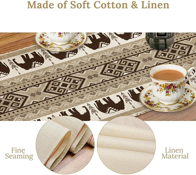 African Tribal Table Runner, Rustic Boho Elephants Diwali India Aztec Bohemian Animal Brown Ethnic Folk Coffee Table Center Decor for Home Kitchen Holiday Party Outdoor Table Decorations, 13"x90"