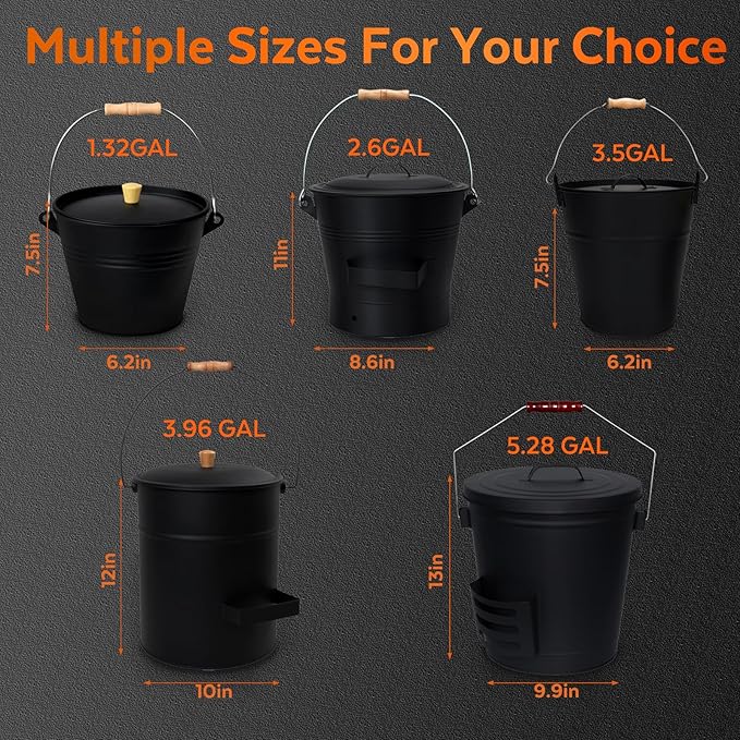 Ash Bucket with Lid and Shovel, 2.6 Gallon Metal Fireplace Ash Bucket with Broom, Complete Fireplace Tools Set for Wood Stove and Fireplace
