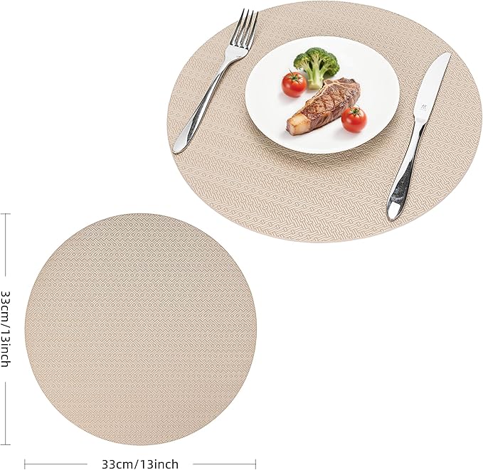 Round Faux Leather Placemats Set of 4 – 13 Inch Vinyl Table Mats, Heat Resistant, Non Slip, Wipeable & Washable, Easy to Clean Dining Table Decor for Kitchen & Dining Room(Light Taupe)