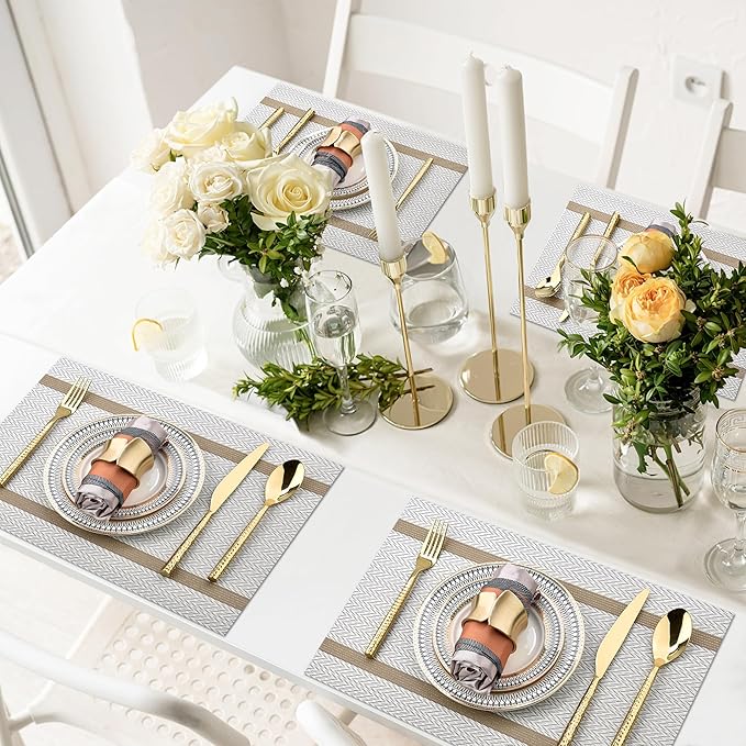 SLKQG Beige White Placemats Set of 6 - Easy Clean Modern Durable Washable Vinyl Place Mats - Heat Resistant Placemats for Kitchen Table - PVC Table Mats for Dining Table (Beige White with Stripes, 6)