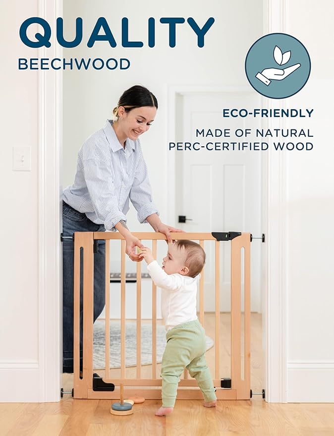 SizeWise™ Wood Pressure Mounted Safety Gate 37.4"-41.34" | Extra-Wide Passage | Auto-Close Two-Way Opening for Doorways and Hallways | Easy Installation | PEFC Certified Beech Wood (28.7" Passage)