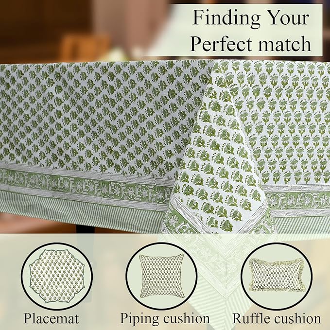 CPC Emerald Green Floral Hand Block Printed 100% Cotton Tablecloth 60x120 Rectangular Reusable and Washable Boho Dining Table Cloth Thanksgiving
