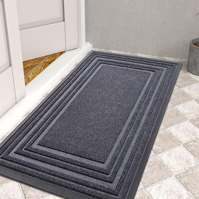 Buganda Front Door Mat Indoor Outdoor Entrance, Non-Slip Natural Rubber Doormats, Easy Clean, Low Profile, Dirt Trapper Entryway Floor Mats for Outside, Garages and Patios, 36x24, Grey