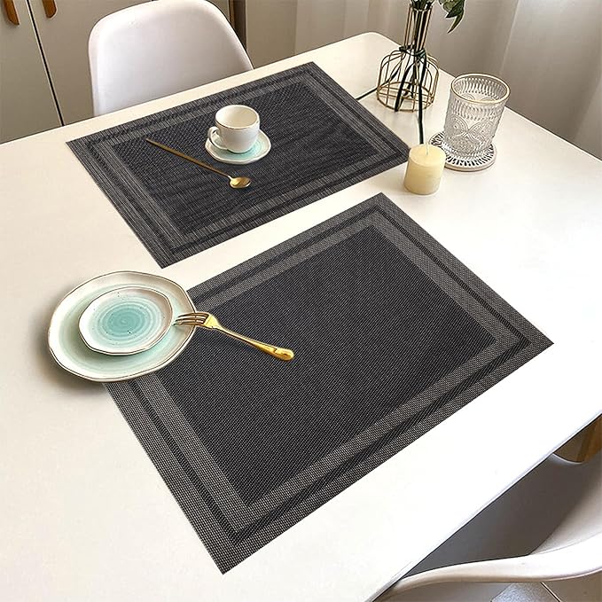 Placemats Set of 12 Washable&Wipeable Place mats for Dining Table Kitchen Indoor Outdoor Table Mats Heat Resistant Non Slip Woven Vinyl Table Placemats (Black,12PCS)