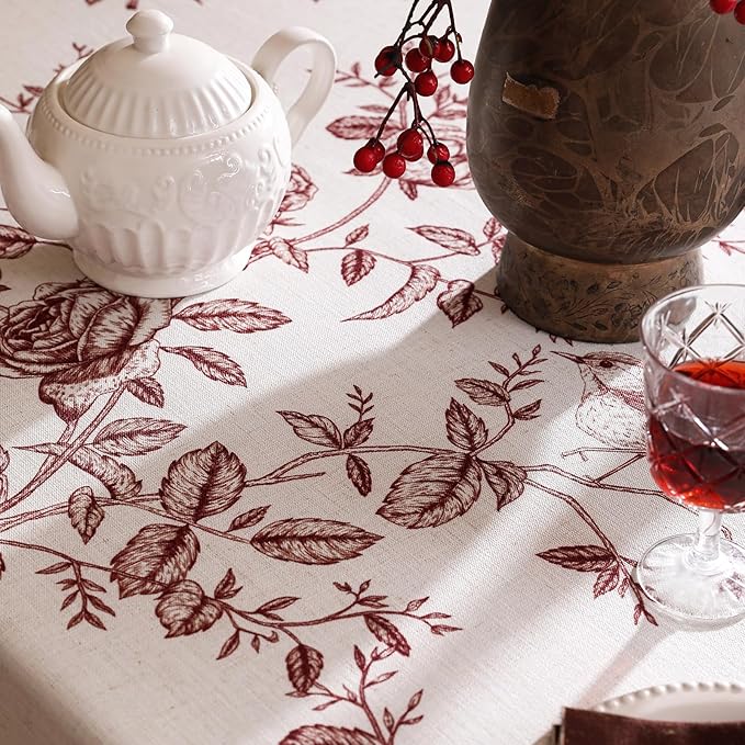 ISAENNE Designer Vintage Linen Long Tablecloth Rectangle,Red Floral Pattern Linen Stain Resistant Table Cloth,Decor Tablecloths for Dining Thanksgiving Kitchen Tea Party,63"*102"-Harmony