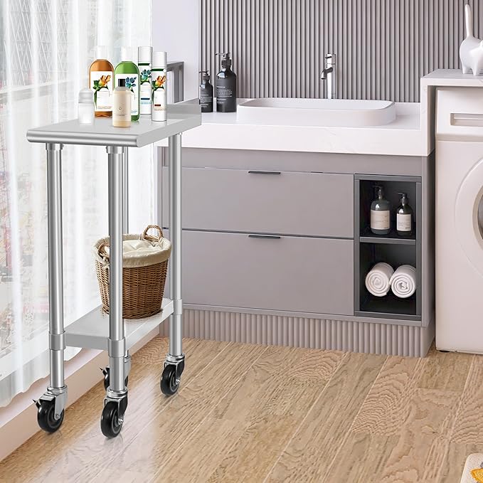 HARDURA Stainless Steel Commercial Work Table with Wheels Prep & Work Metal Table 24×12 Inches Heavy Duty NSF with Casters and 2" Backsplash