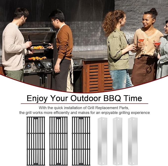 Hiorucet Grill Replacement Parts for Chargriller 5650, 5050, 3001, 5072, 3030, 3008, 4000, 5252 Gas Grill, Cast Iron Cooking Grates, Stainless Steel Heat Plates for King-Griller 3008 5252 Gas Grill