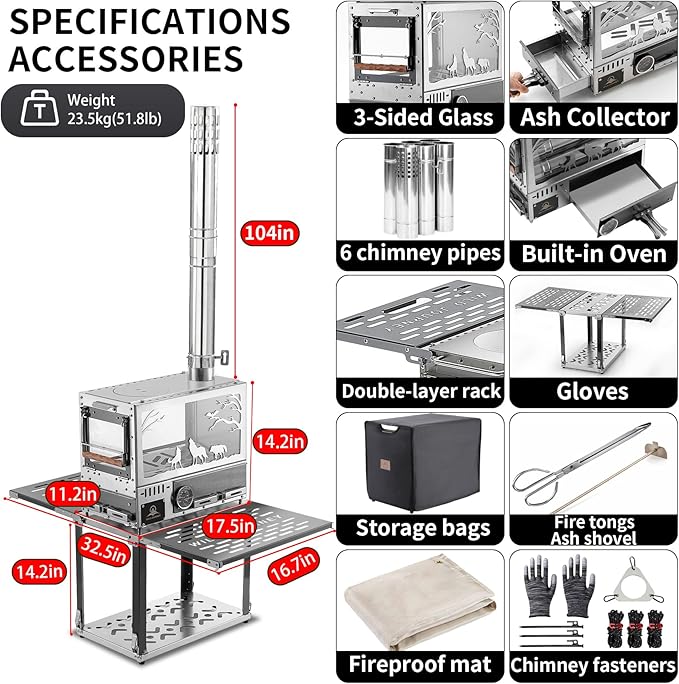 Heavy Duty M8 Wood Burning Stove with Oven, 2100 Cu In Large Firebox, 4 Air Inlets, Stainless Steel, Foldable Base & Ash Drawer, 6-Piece Chimney Pipe Kit for Outdoor Cooking, Camping, Off-Grid