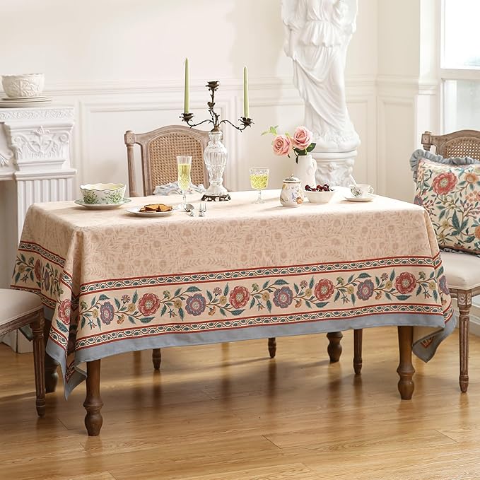 Beige Linen Rectangle Extra Long Tablecloth,Vintage Indian Style Soft and Colorfast Floral Tablecloths,Decor Table Cover for Kitchen,Dining,Thanksgiving,67"*118"-Flowershadow E