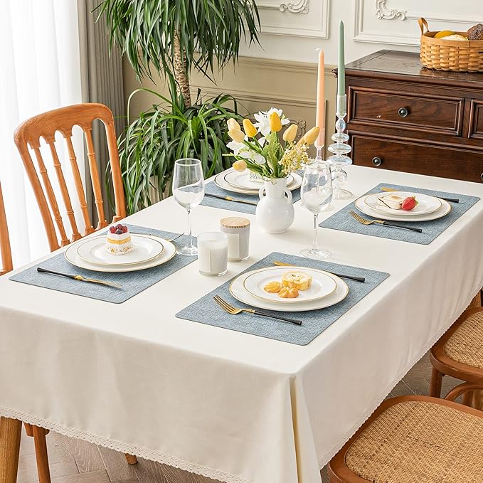 Romanstile Vinyl Placemats Set of 12-12 X 17 Inch - Heat Resistant Place Mats 100% Waterproof Oilproof Wipeable Reversible Faux Leather Table Mats for Kitchen, Dining, Party, Outdoor, Sky Blue