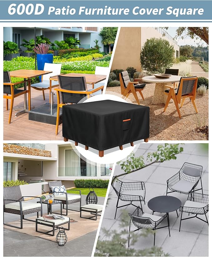 Outdoor Waterproof Furniture Cover, 62W x 62L x 28H inches Heavy Duty 600D Square Table and Chair Set Protection, Black