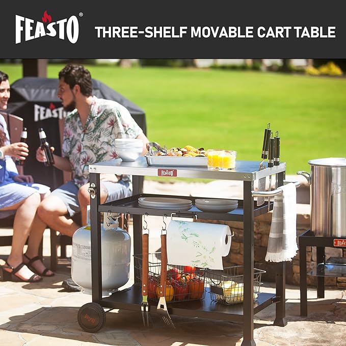 3-Shelf Outdoor Grill Table,Pizza Oven Table for Outside,Movable Grill Cart with Wheels,Indoor & Outdoor Cooking Station, Pizza Oven Stand for Ooni Blackstone Griddle 33.5”x 21.7”