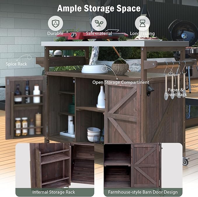 Rolling Cart ,Storage Cabinet, Grill Table ,Artificial Board,with Stainless Steel Top, Internal Storage Racks,Spice Rack, Towel Rack , Kitchen ,Barbecue, Outdoor