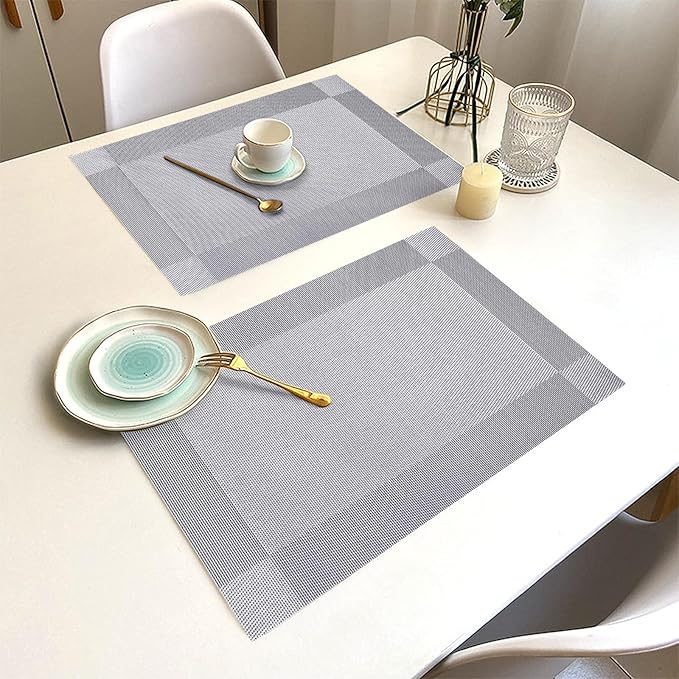 Placemats Set of 8 Washable&Wipeable Silver Place mats for Dining Table Kitchen Indoor Outdoor Table Mats Heat Resistant Non Slip Woven Vinyl Table Placemats (Grey,8PCS)