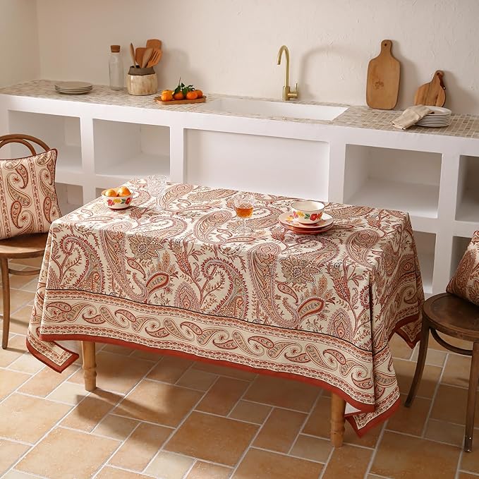 ISAENNE Designer French Red Long Tablecloth Rectangle,Linen Table Cloth with Cashew Pattern,Stain Proof Decor Tablecloths for Dining Thanksgiving Kitchen Christmas,63"*94"-Chauffrey D