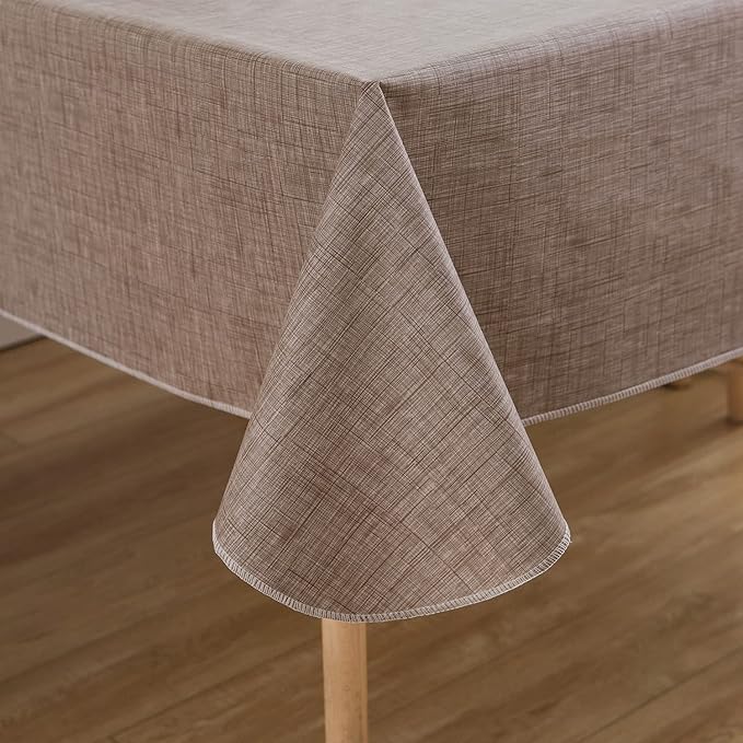 LIBERECOO Vinyl Tablecloth with Flannel Backing, Flaxen, Waterproof, Stain-Resistant, Easy-Clean Table Cover for Dining, Kitchen, and Outdoor Use, 60" x 120" Rectangle