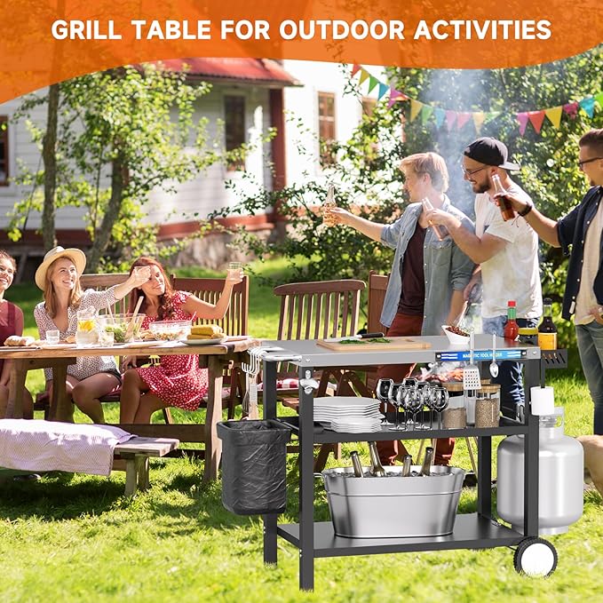 Grill Table, Stainless Steel Grill Cart with Three-Shelf, Movable Pizza Oven Table with Side Tray & Trash Bag Holder, Outdoor Grill Stand with Hooks for Food Prep, Outside Tailgating, Camping