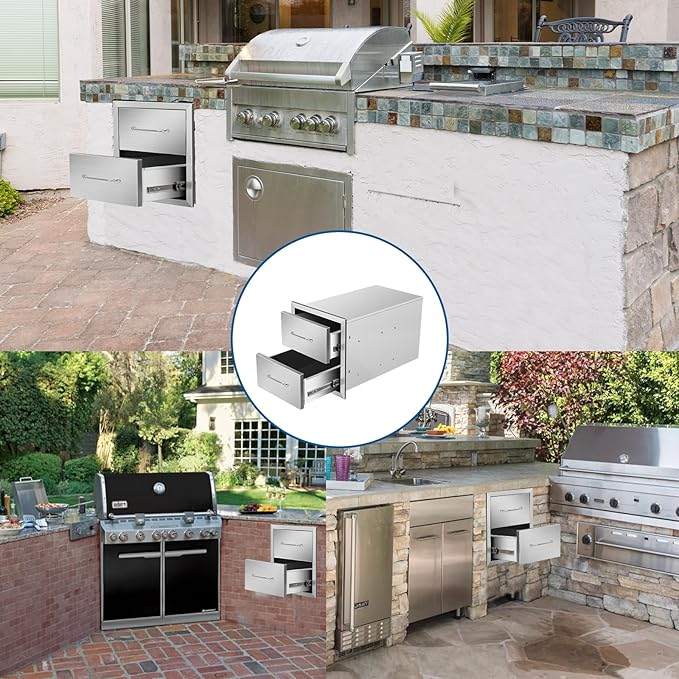 Outdoor Kitchen Drawers 14"Wx15"Hx23"D Flush Mount Access 2-Drawer BBQ Stainless Steel Drawers with Handle for Outdoor Kitchen Island or Grill Station