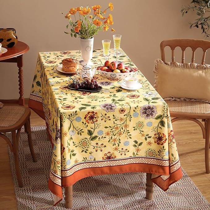 Vintage Linen Tablecloth for Rectangle Table,Yellow Floral French Wrinkle Free Extra Long Tablecloths,Decor Table Cover for Kitchen,Dining,Thanksgiving,Farmhouse,63" × 110"-Bellano