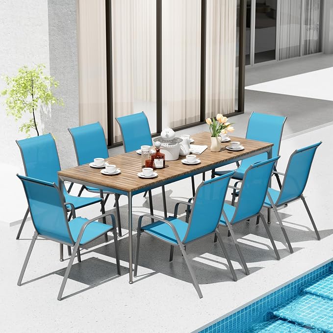 TLSUNNY Patio Chair, Outdoor Stackable Textilene Chairs Set of 8, Sky Blue | - Image 9