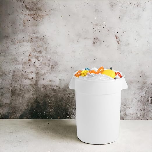 PRO&Family Commercial Round Trash Can with Lid and Dolly Rolling Waste Container, Ingredient Bin, Heavy-Duty Plastic, Anti-Static, Kitchen, Office, Outdoor Use (White, 32 Gallon)