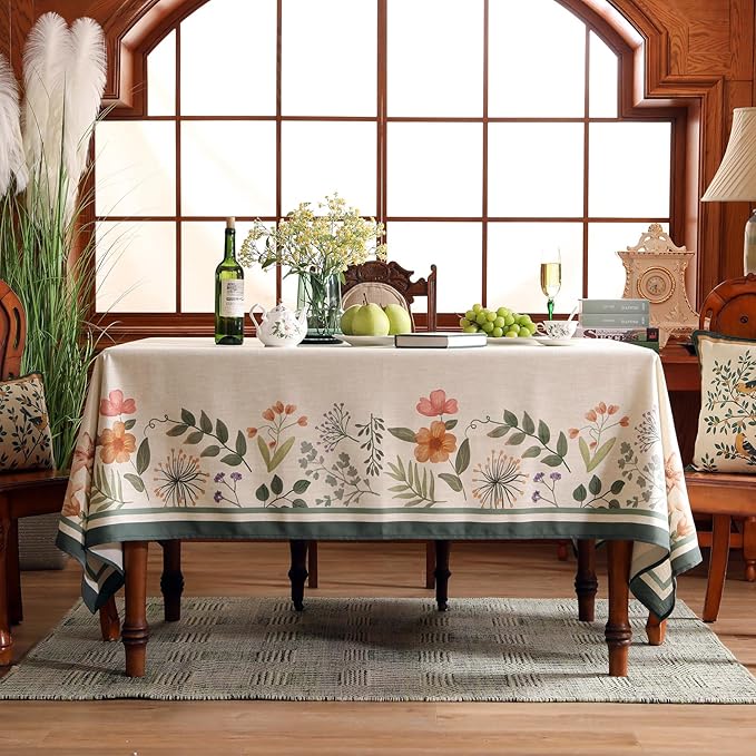 Beige Linen Extra Long Rectangle Tablecloth,Vintage French Shabby Chic Floral Wrinkle Free Table Cloth,Decor Table Cover for Kitchen,Dining,Christmas,Thanksgiving,67"*118"-Manolya
