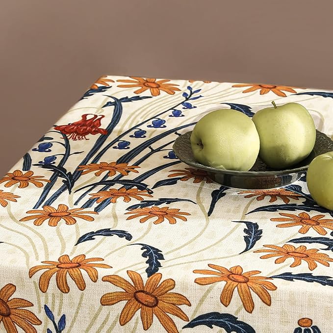 French Vintage Rectangular Tablecloth,Linen Extra Long Tablecloth with Gold and Red Floral Pattern,Decorative Table Cover for Kitchen,Dining,Thanksgiving,Living Room,63" × 110"-Tijuana