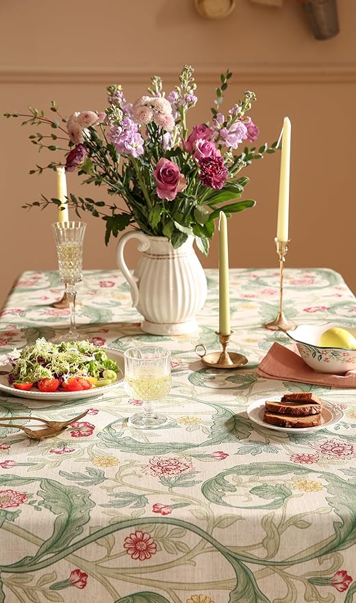 patdrea Designer Linen Tablecloths for Rectangle Table,Green Vintage Leaves Pattern Tablecloth,Decor Floral Table Cover for Kitchen Dining Christmas,Thanksgiving,Tea Party,55"x87"-Cecilia a
