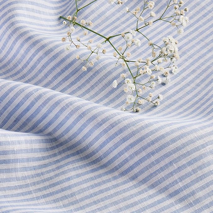 Solino Home Linen Striped Table Runner 108 Inches Long - Narrow Stripe 100% Pure Linen Cornflower Blue and White Dining Table Runner 14 x 108 Inch for Winter, Spring, Easter