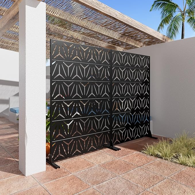 Casaphoria Metal Privacy Screen Outdoor, 72" H x 47" W Freestanding Decorative Privacy Screen for Patio Deck Balcony Garden with Stable Base, Black-stellate