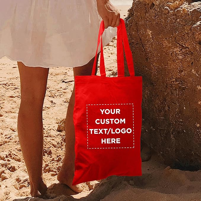 DISCOUNT PROMOS Custom Cotton Canvas Tote Bags Set of 50, Personalized Bulk Pack - Reusable, Great for Shopping, Grocery, Beach, Picnic, Wedding Favors - Red