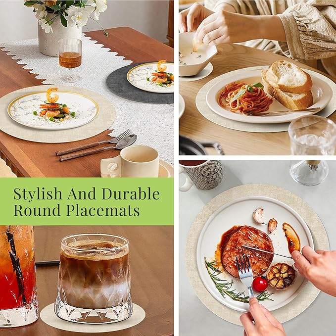 13-Inch Faux Leather Round Placemats Set of 4, Waterproof Anti-Slip Dual Sided Place mats, Heat Resistant Washable Table Mats with Coaster, Suitable for Indoor & Outdoor (4, Black Beige)