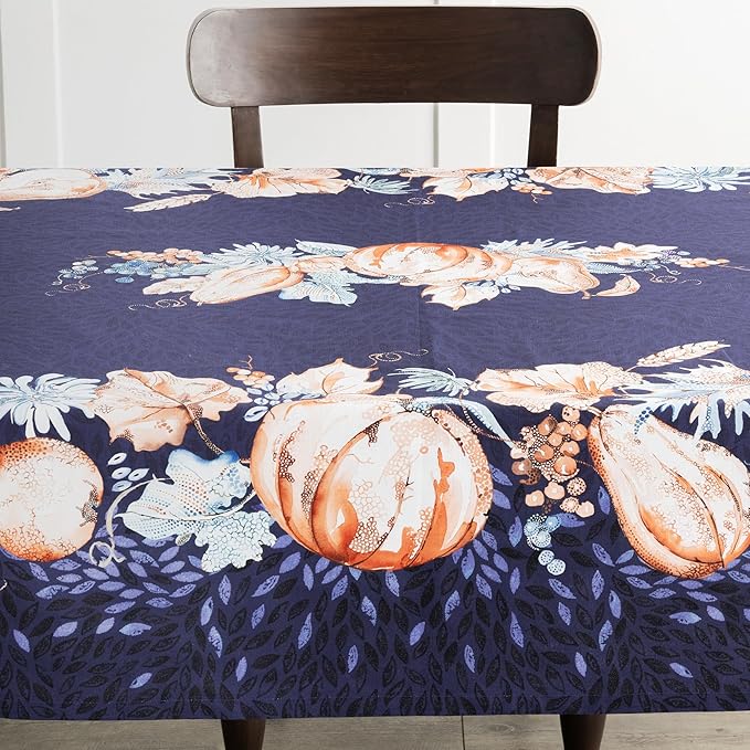 Maison d' Hermine Table Cloth Rectangle Table 100% Cotton 70 x 140 Inches Fall Tablecloth Reusable Everyday Use for Thanksgiving Christmas Decorations Dining Farmhouse Party (Pumpkin Blues)