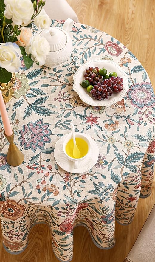 Designer Vintage Linen Round Tablecloth,French Rustic Floral Table Cloth with Colorful Pattern,Decor Table Cover for Kitchen,Dining,Thanksgiving,Christmas,Diameter 67"-Flowershadow a