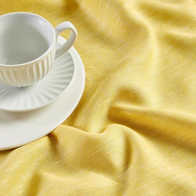 Solino Home Linen Table Runner 132 Inches Long - Athena, 100% Pure Linen Chambray Lemon Yellow Table Runner 14 x 132 Inch for Dining, Spring, Easter