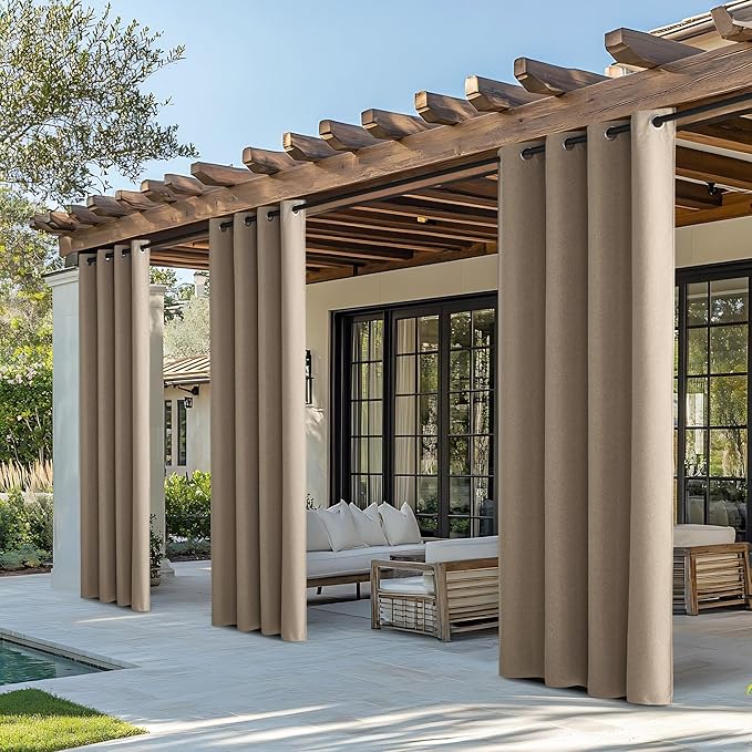 NICETOWN Outdoor Curtains for Patio Waterproof, Thermal Insulated Linen Textured 100% Blackout Outside Drapes for Gazebo, Privacy Sun Shades for Indoor, Bathroom, W52 x L96 Inch, Taupe, 2 Panels