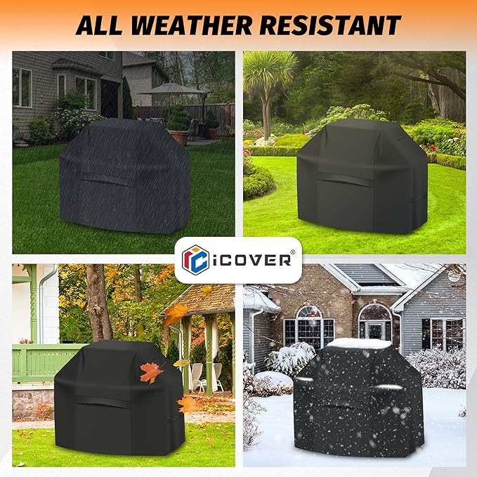 iCOVER Grill Cover 65 Inch, BBQ Grill Cover for Outdoor Grill, 600D Heavy-Duty Waterproof Gas Grill Cover BBQ Cover, Barbecue Grill Covers for Weber, Charbroil, Brinkmann, Nexgrill and More, Black